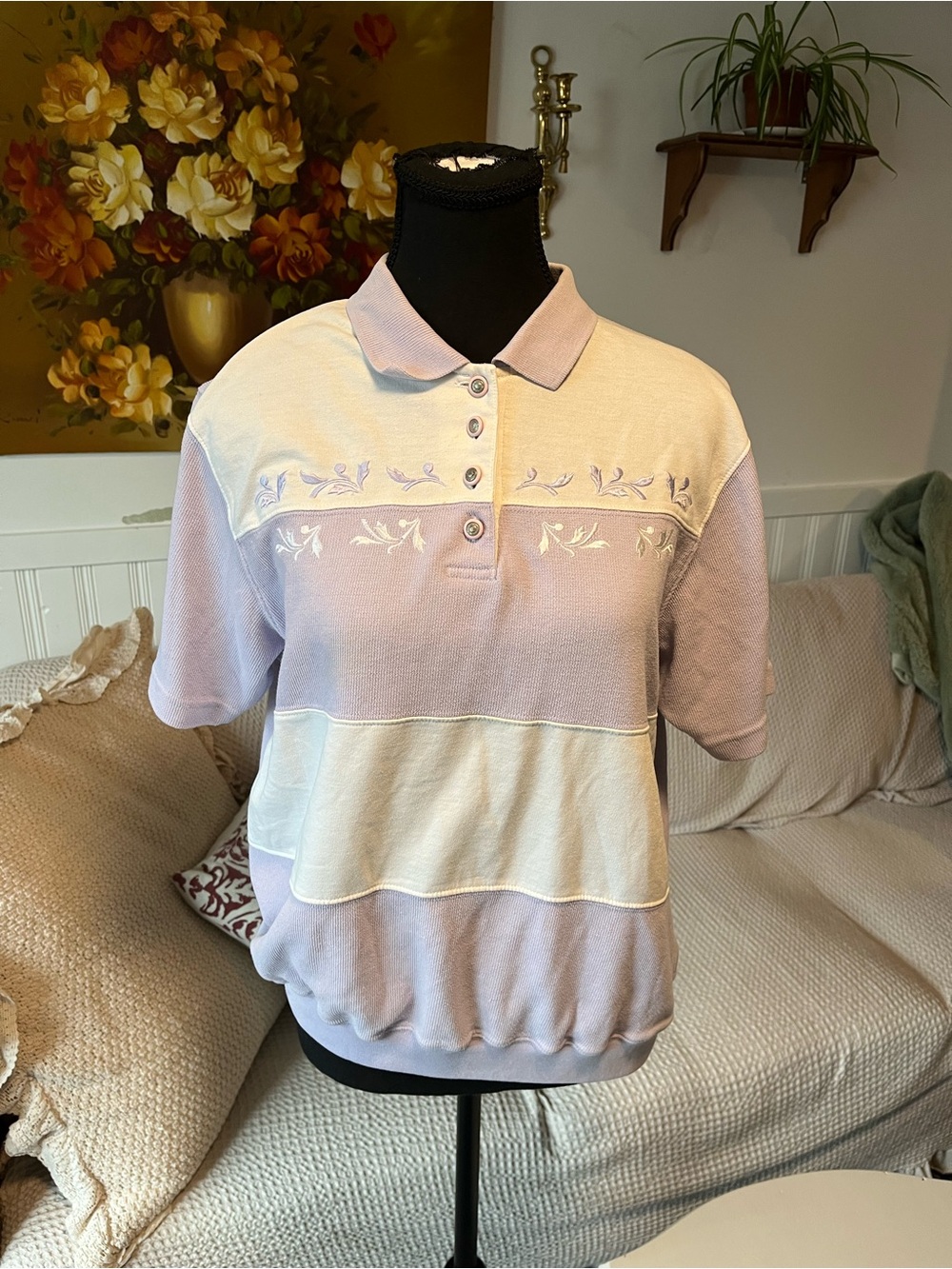 Vintage Classic Lavender and Cream Polo Top - size medium